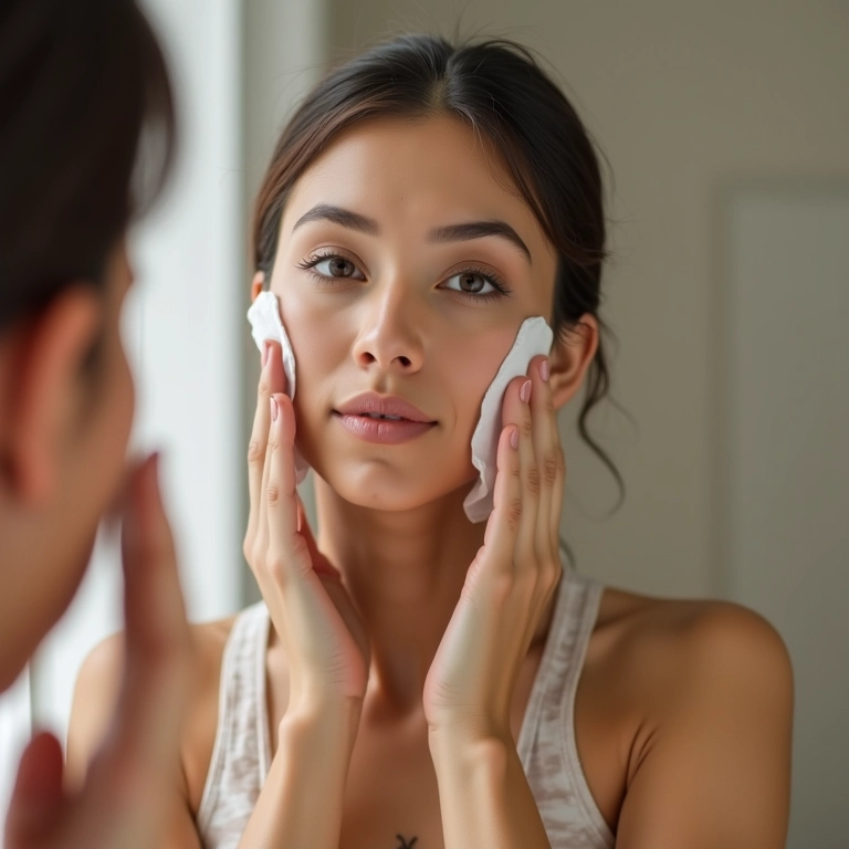 Mulher removendo maquiagem com lenço umedecido.