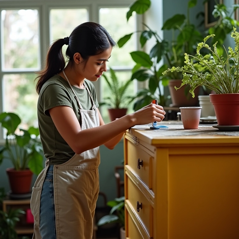 Mulher renovando cômoda antiga em oficina ensolarada, utilizando cores vibrantes e plantas.