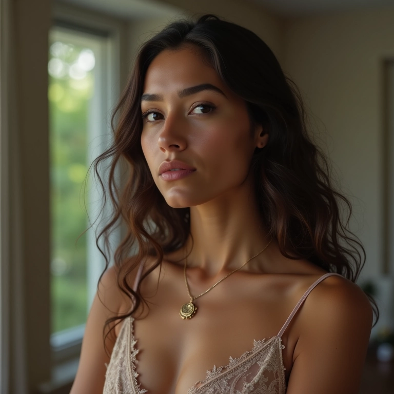 Mulher representando o signo de Virgem, com olhar pensativo e traços brasileiros.