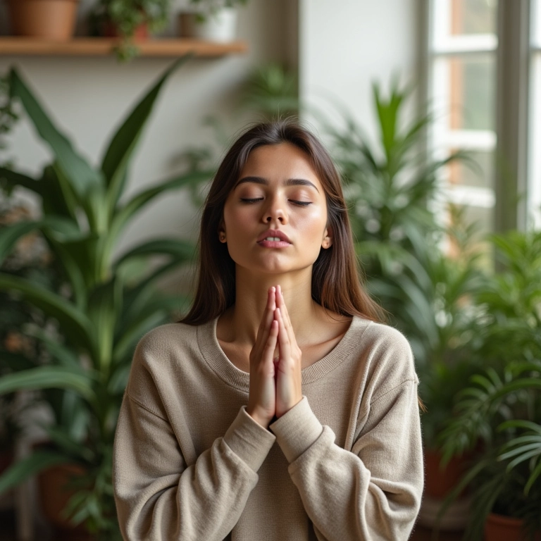 Mulher respirando profundamente em ambiente calmo, cheio de plantas, buscando manter a calma.