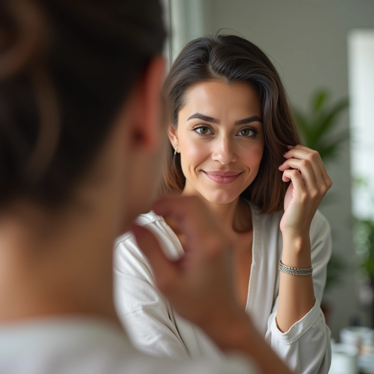 Mulher retocando a raiz do cabelo em casa, aplicando tinta.