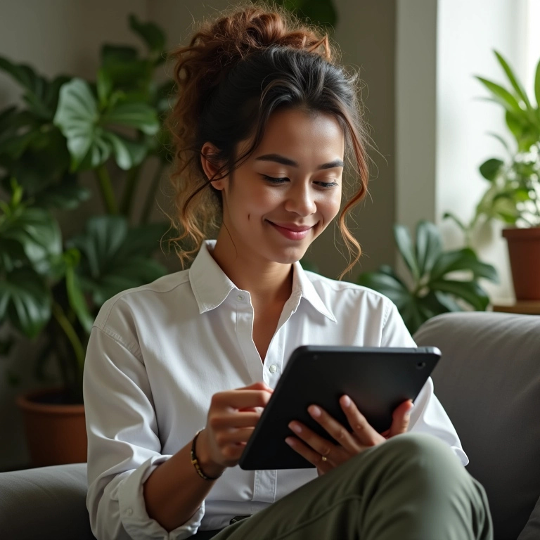 Mulher revisando orçamento em tablet.