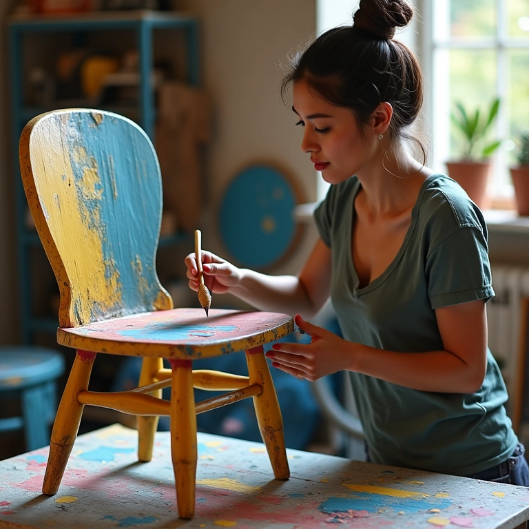 Mulher revitalizando cadeira antiga com pintura colorida.