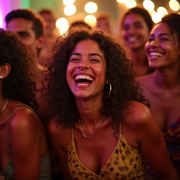 Mulher rindo com amigos, cercada de amor.