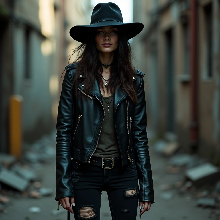 Mulher rocker com jaqueta de couro e chapéu melon preto em cenário urbano.