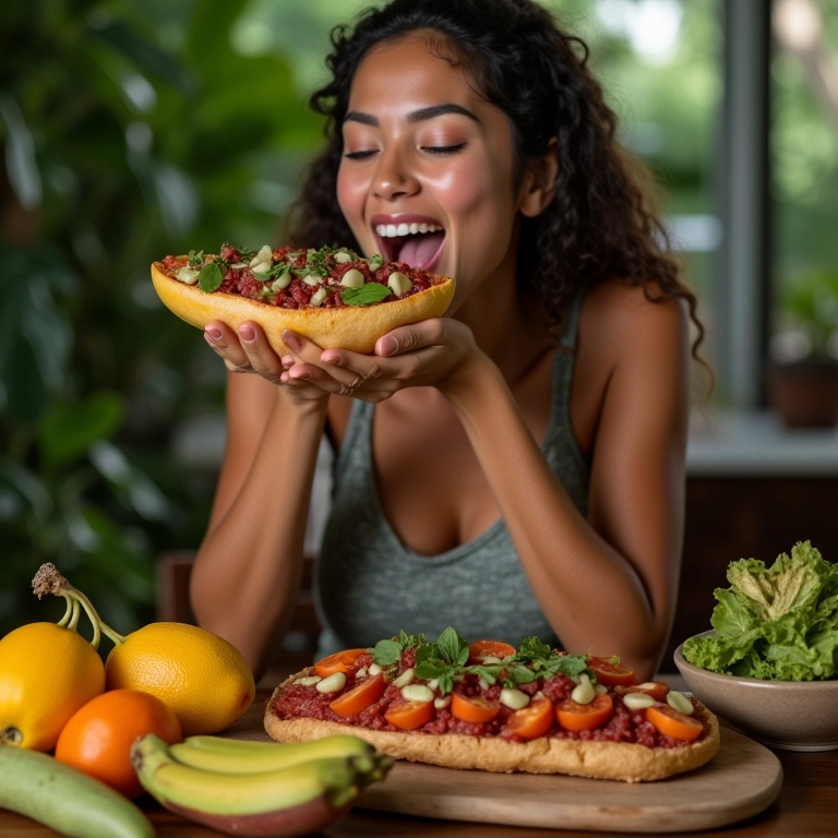 Mulher saboreando a culinária amazônica, em Manaus.
