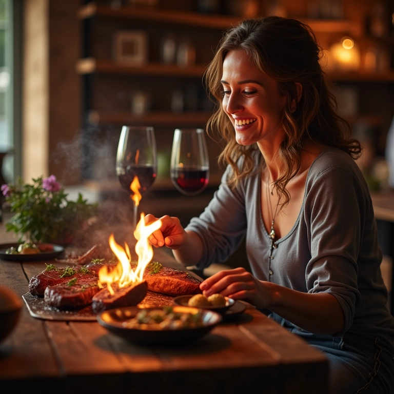 Mulher saboreando um bife e vinho Malbec em uma parrilla argentina.