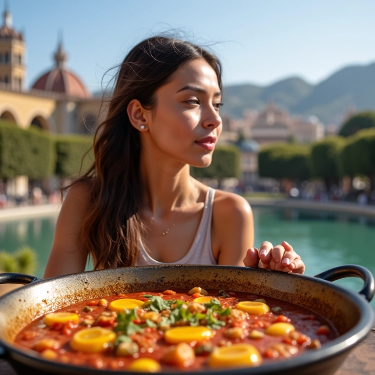Mulher saboreando uma paella autêntica em Valência, com a Cidade das Artes e Ciências ao fundo.