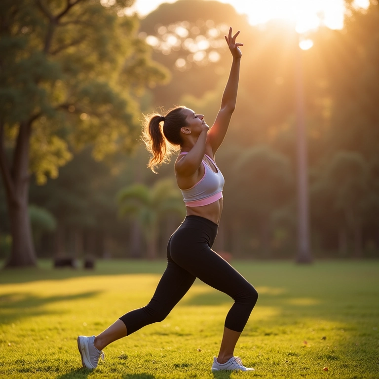 Mulher se alongando em parque ensolarado.
