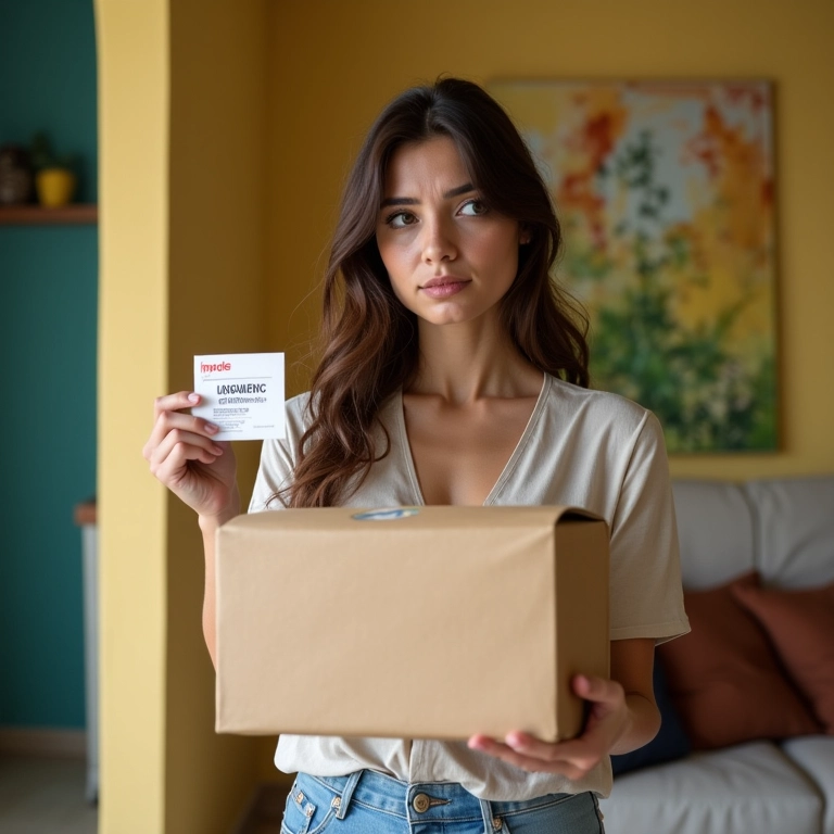 Mulher se arrepende de compra online e segura produto com insatisfação.