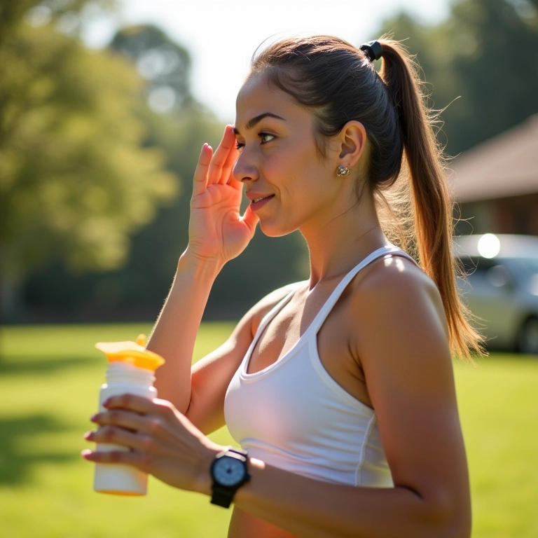 Mulher se exercitando ao ar livre, usando protetor solar resistente ao suor.