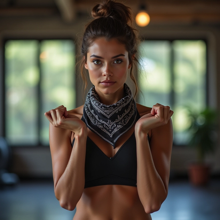 Mulher se exercitando com bandana.