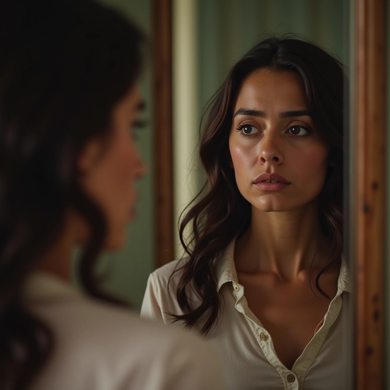 Mulher se olhando no espelho, críticas constantes e humilhação, ambiente 'Farm Rio'.