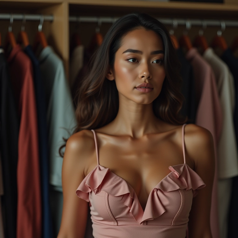 Mulher se olhando no espelho vestindo vestido com babados.