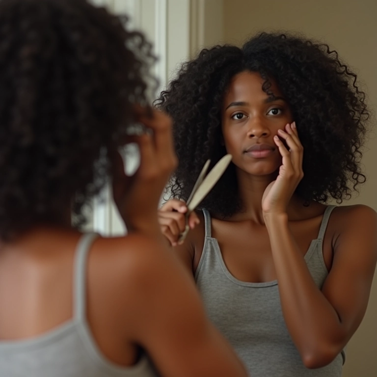 Mulher se preparando para o Big Chop, encarando o espelho.