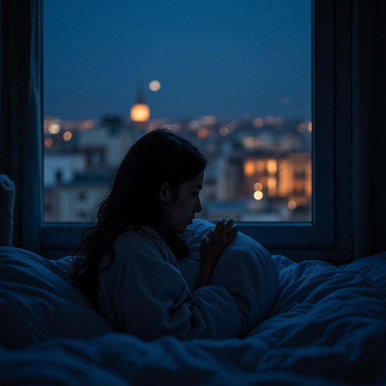 Mulher se revirando na cama à noite, com dificuldade para dormir e uma cidade ao fundo.