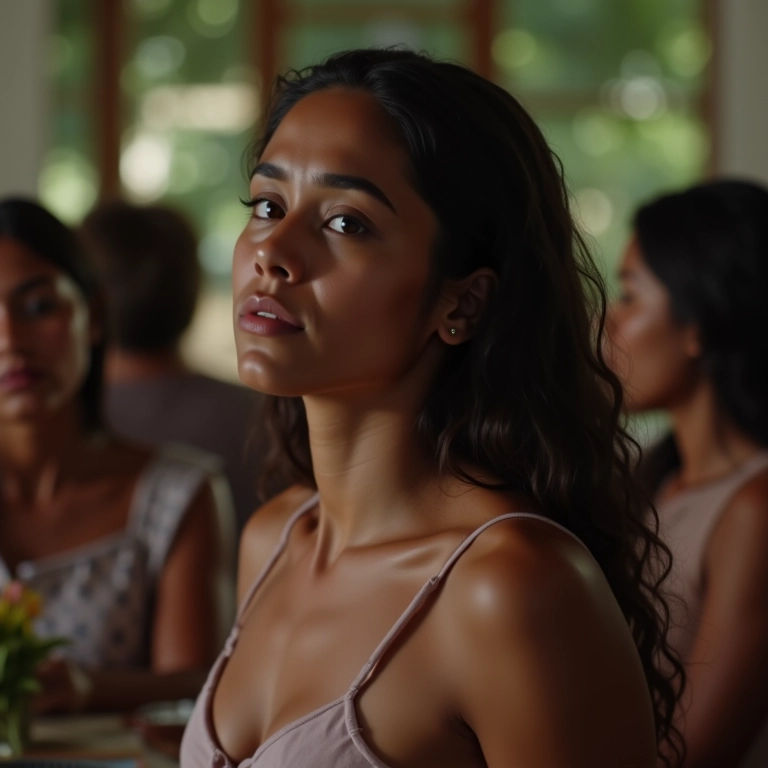 Mulher se sentindo isolada em reunião familiar.