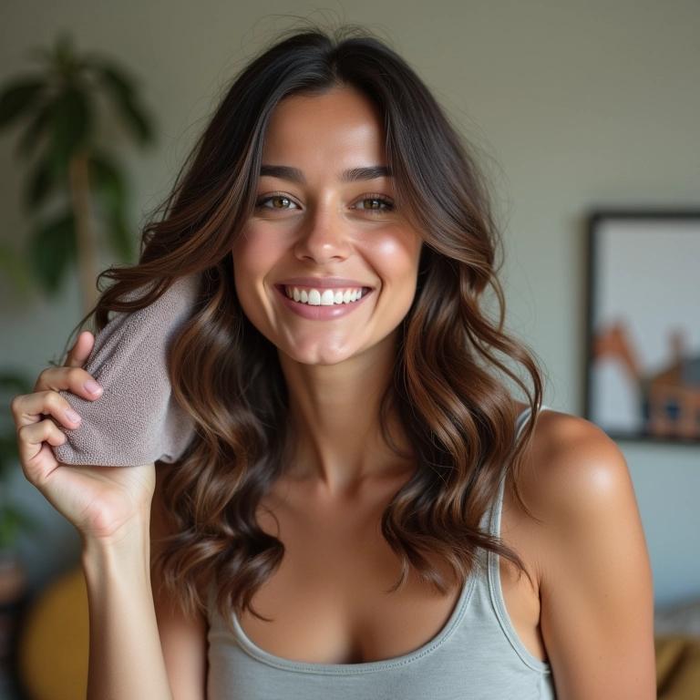 Mulher secando cabelo ondulado com toalha de microfibra.
