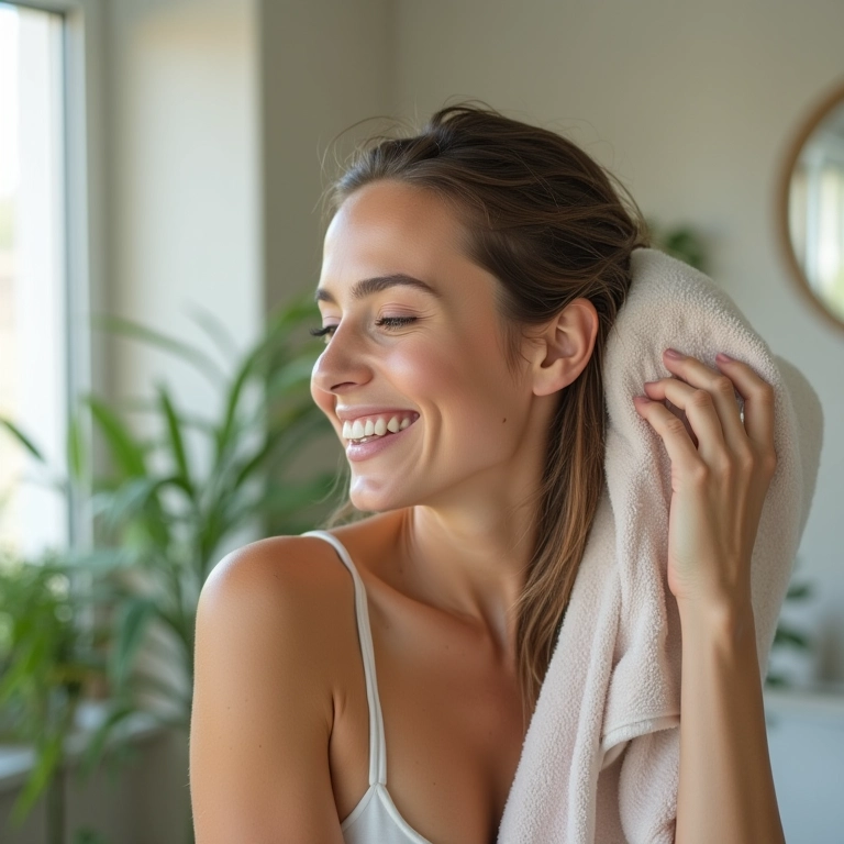 Mulher secando o cabelo suavemente com uma toalha de microfibra, demonstrando cuidado.