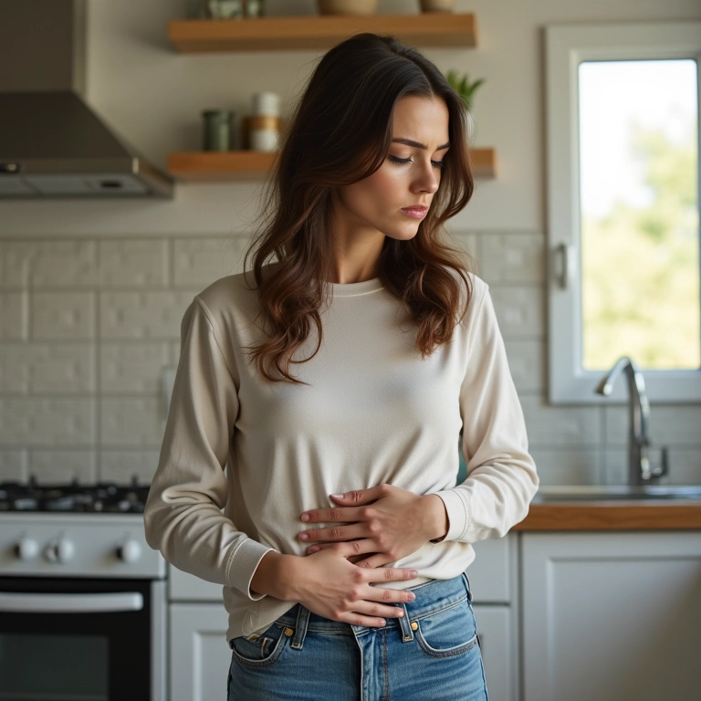 Mulher segurando a barriga, com expressão de desconforto, em uma cozinha iluminada.