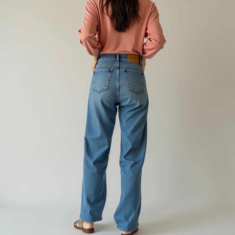 Mulher segurando calça de cintura baixa da Shein.