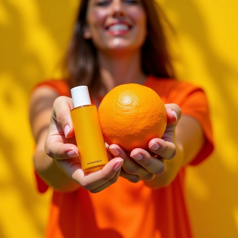 Mulher segurando laranja e sérum de Vitamina C.