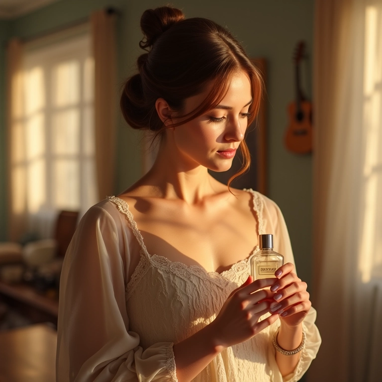 Mulher segurando perfume com cheiro de bebê em apartamento aconchegante.
