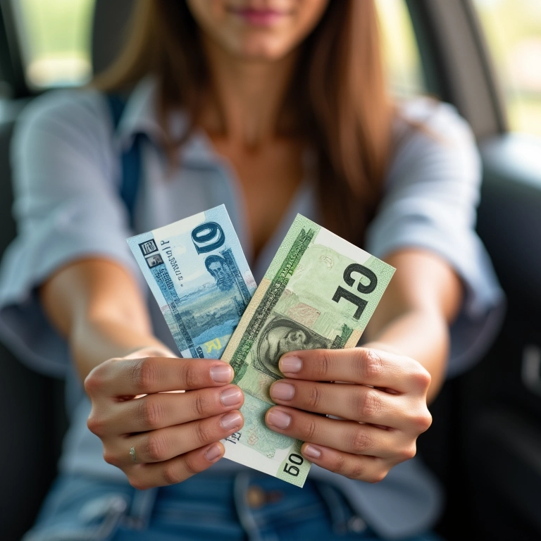 Mulher segurando pesos argentinos e reais brasileiros.