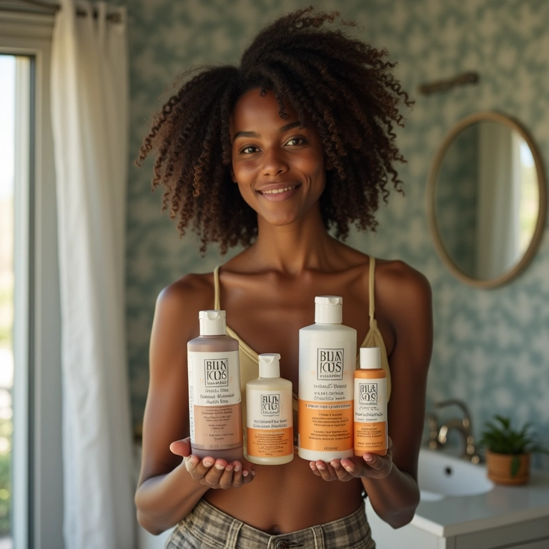 Mulher segurando produtos específicos para cabelos em transição.