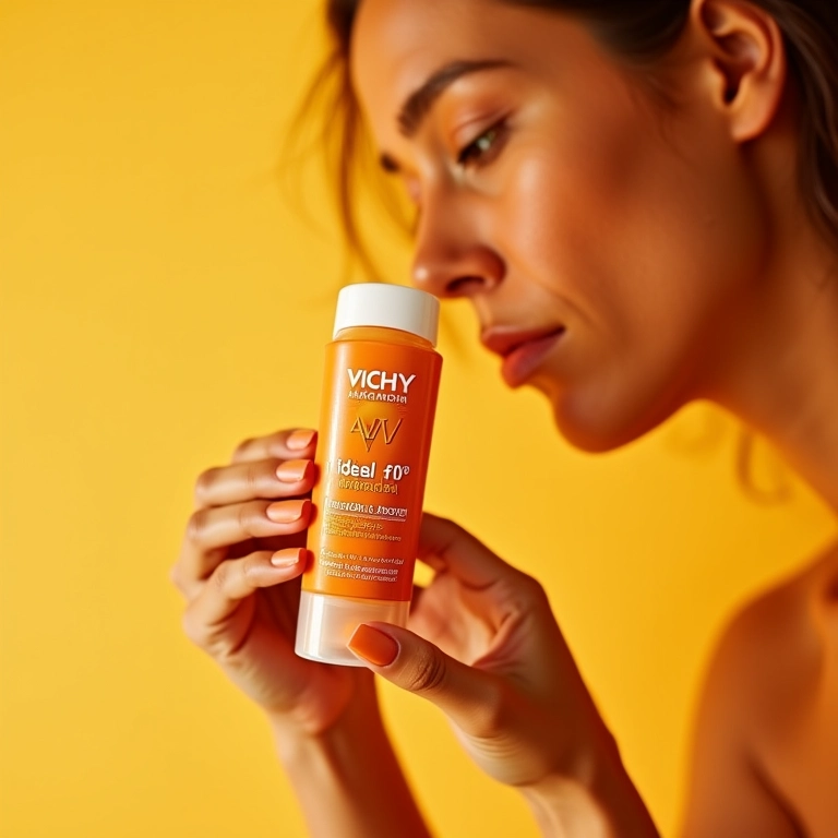 Mulher segurando protetor solar Vichy Idéal Soleil Anti-Idade FPS 50.