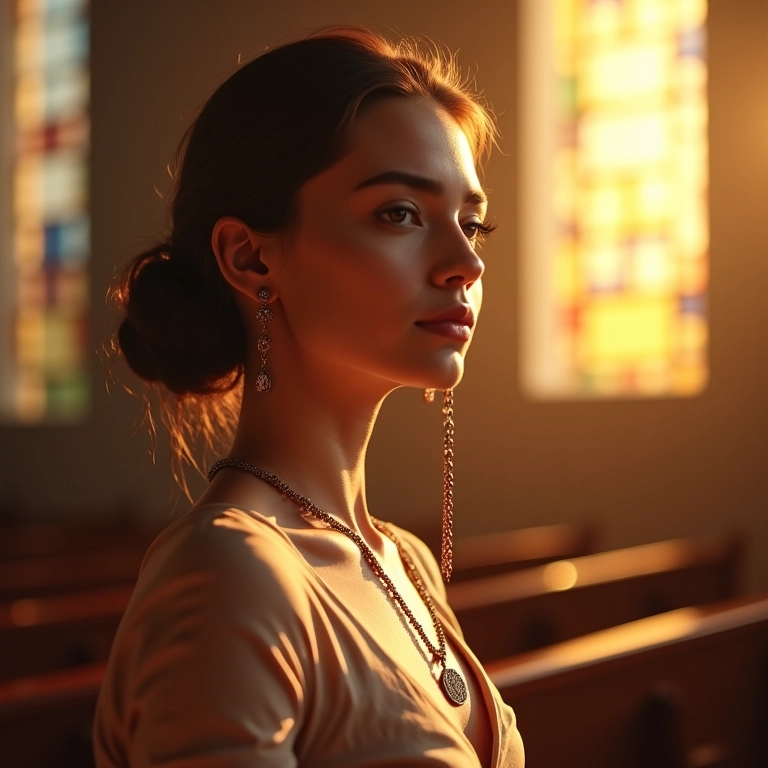Mulher segurando rosário em igreja, representando a fé e a orientação espiritual.