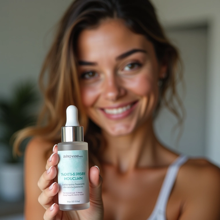 Mulher segurando sérum redutor de poros Tracta com sorriso discreto.