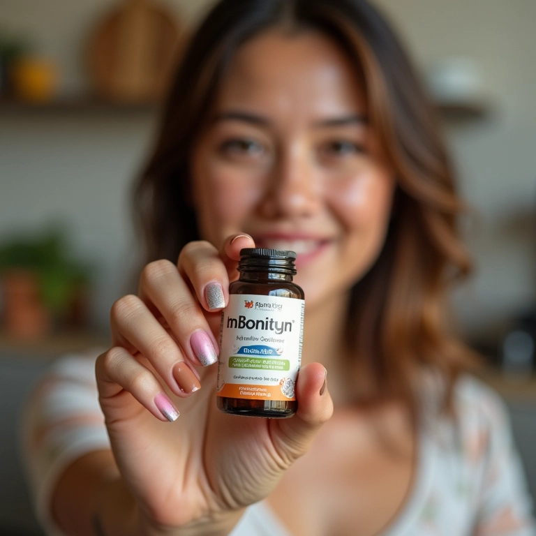 Mulher segurando suplemento de biotina para unhas.