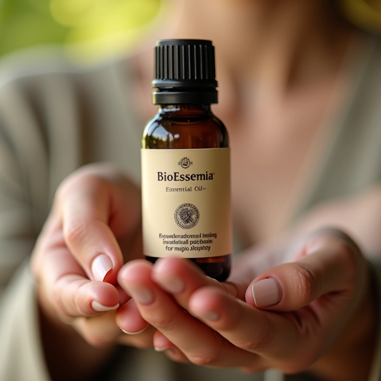 Mulher segurando um frasco de óleo essencial da BioEssência.