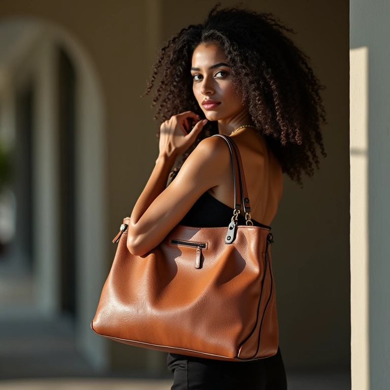 Mulher segurando uma bolsa com design diferenciado.