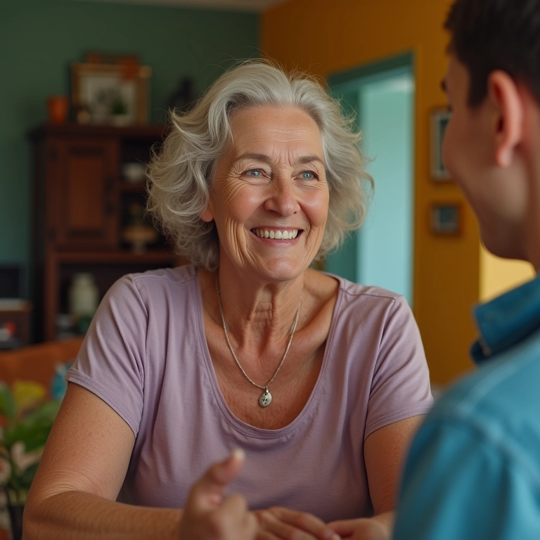 Mulher sendo convidada para ser madrinha, cena calorosa em casa brasileira.
