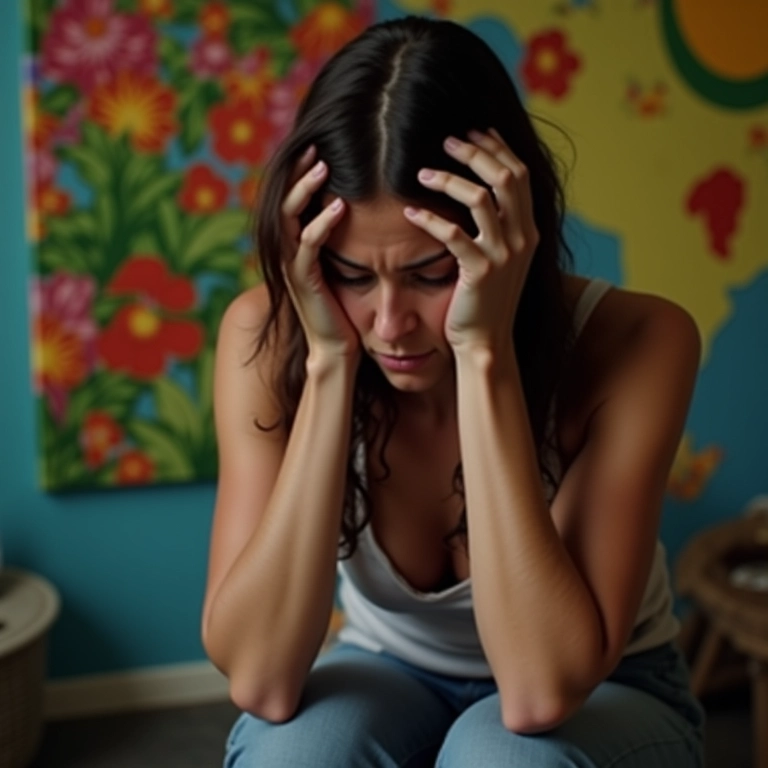 Mulher sentada com as mãos na cabeça, representando sentimentos de culpa e inadequação.