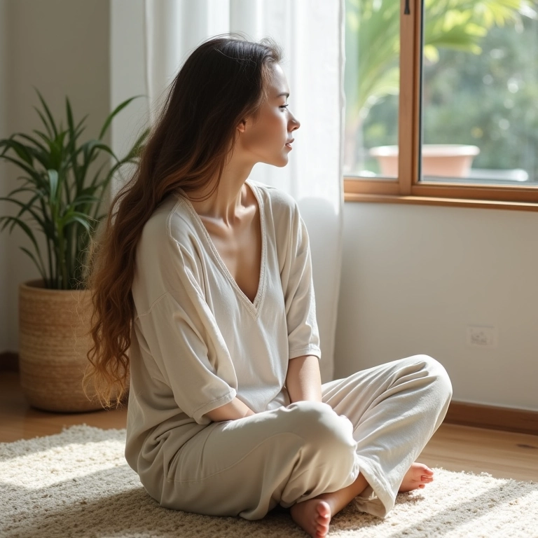 Mulher sentada em calças de linho com caimento relaxado.