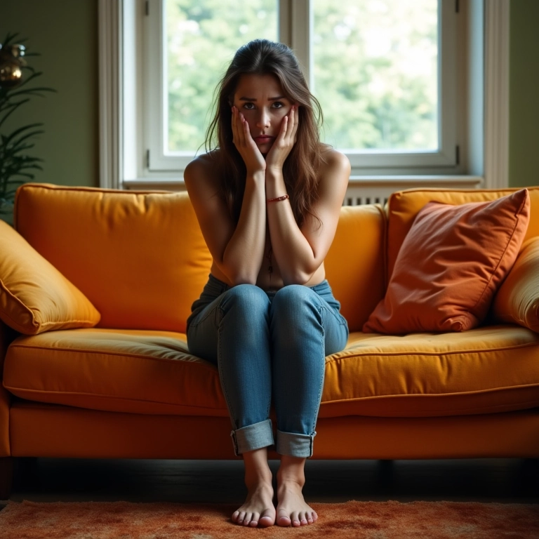 Mulher sentada em sofá com expressão de preocupação, simbolizando a busca por libertação em um relacionamento abusivo.