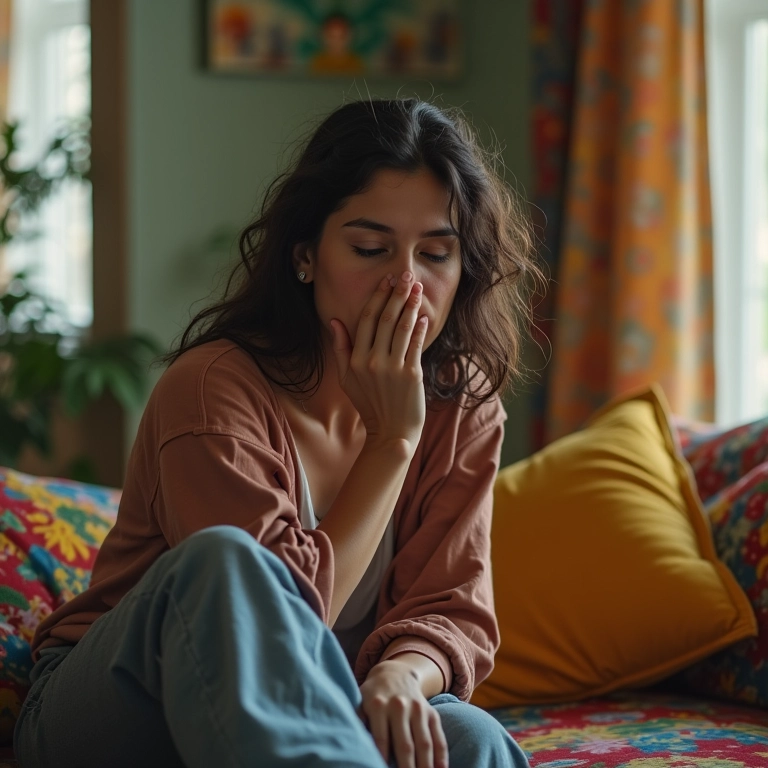 Mulher sentada, sentindo culpa, representando depressão pós-parto.