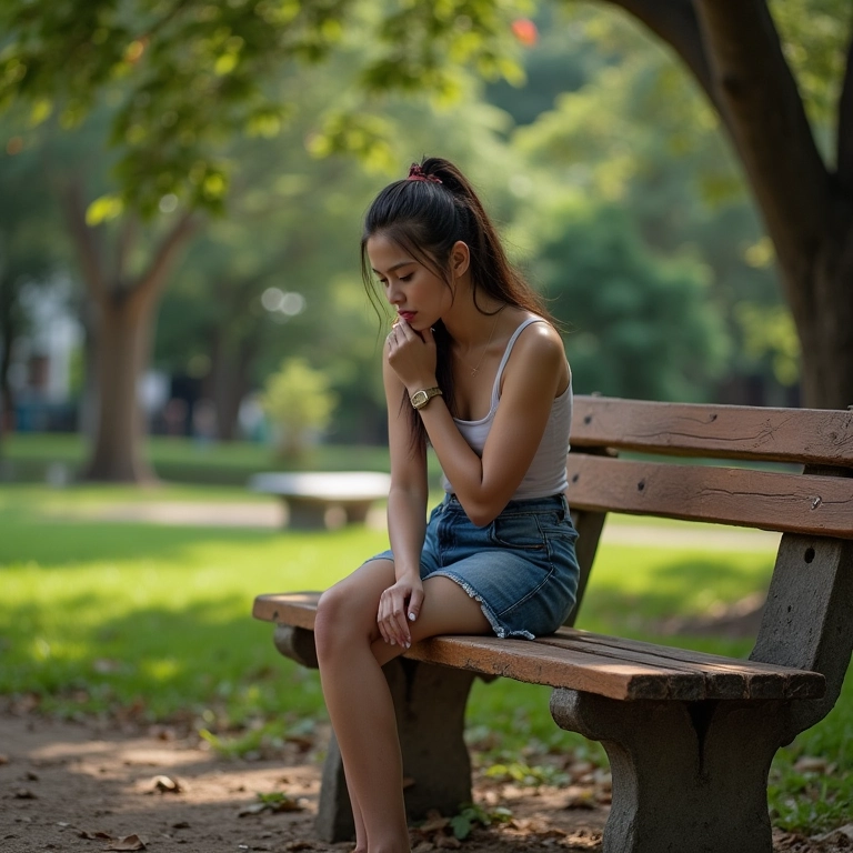 Mulher sentada sozinha em um banco de parque, com olhar cabisbaixo, evitando contato visual.