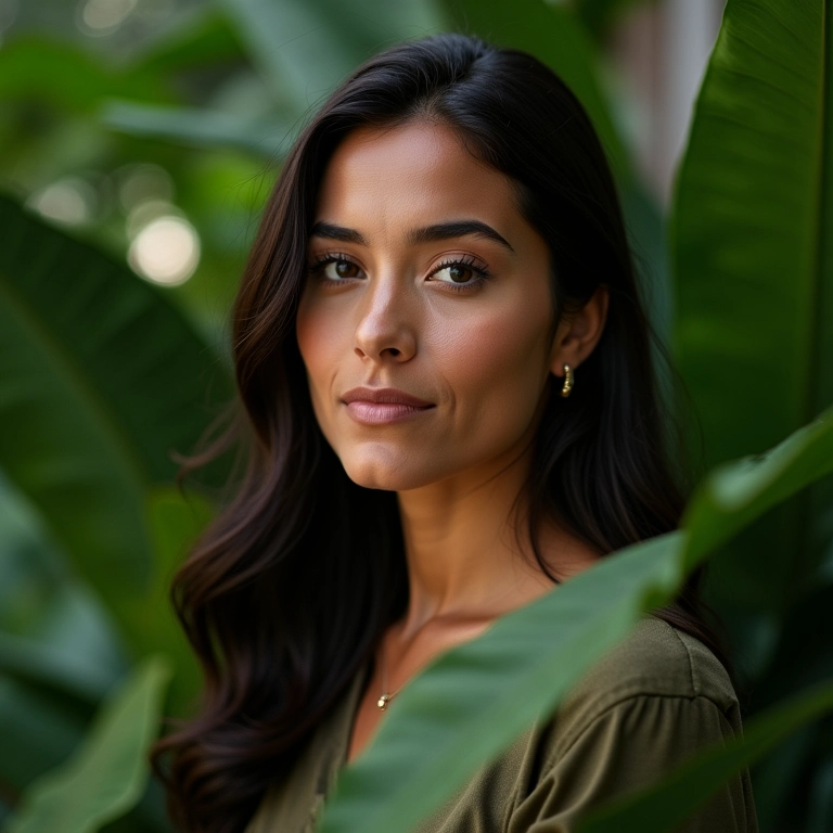 Mulher serena cercada por plantas, representando o signo de Touro.