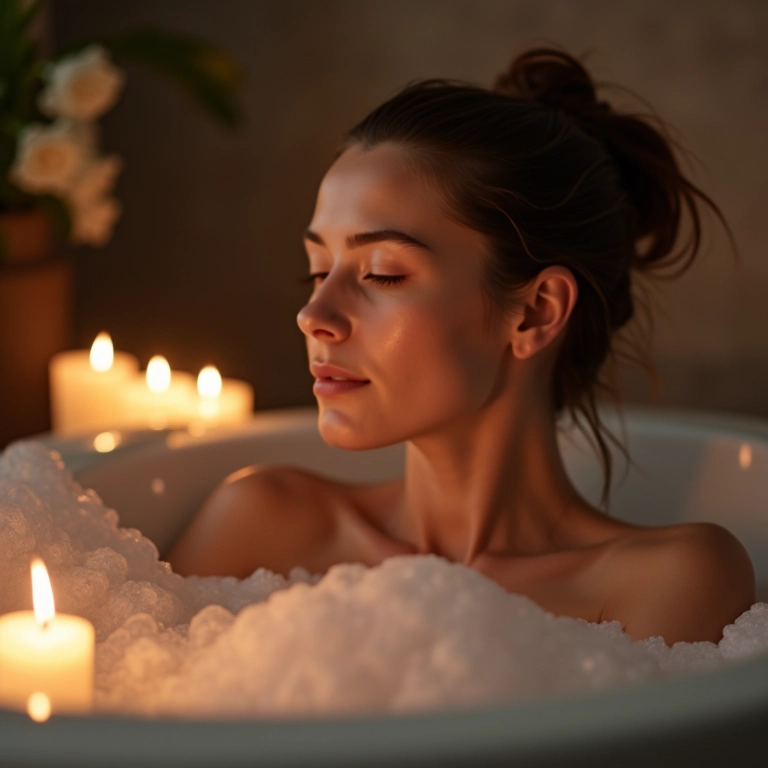 Mulher serena relaxando em banheira com espuma e velas.