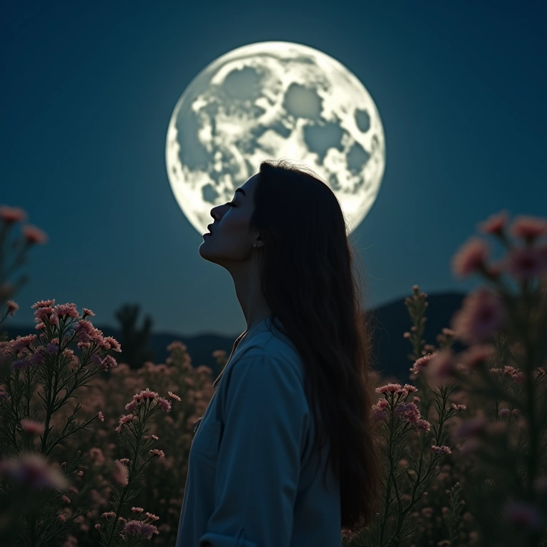 Mulher serena sob a luz da lua cheia, com o nome Luna suavemente visível na superfície lunar.