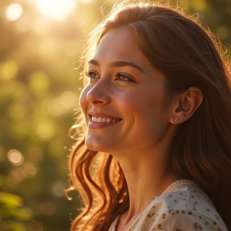 Mulher serena sorrindo suavemente, aceitando mensagem de fonte divina.