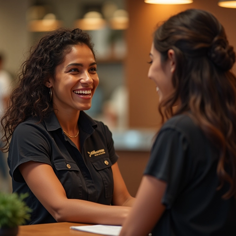 Mulher simpática conversando com concierge de hotel