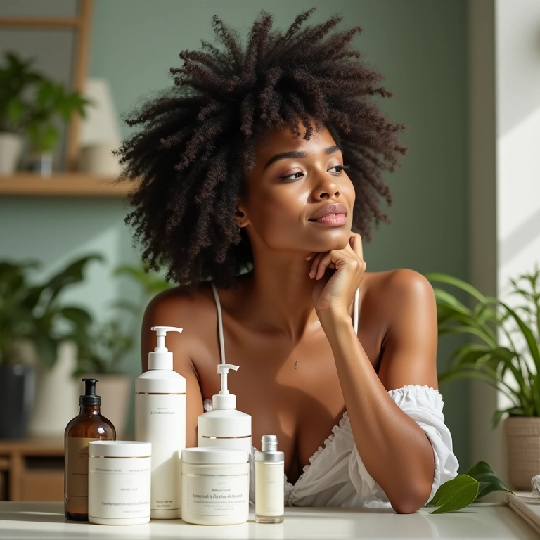 Mulher simplificando sua rotina de skincare com poucos produtos essenciais.