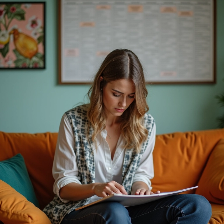 Mulher sobrecarregada olhando para um calendário cheio de tarefas.