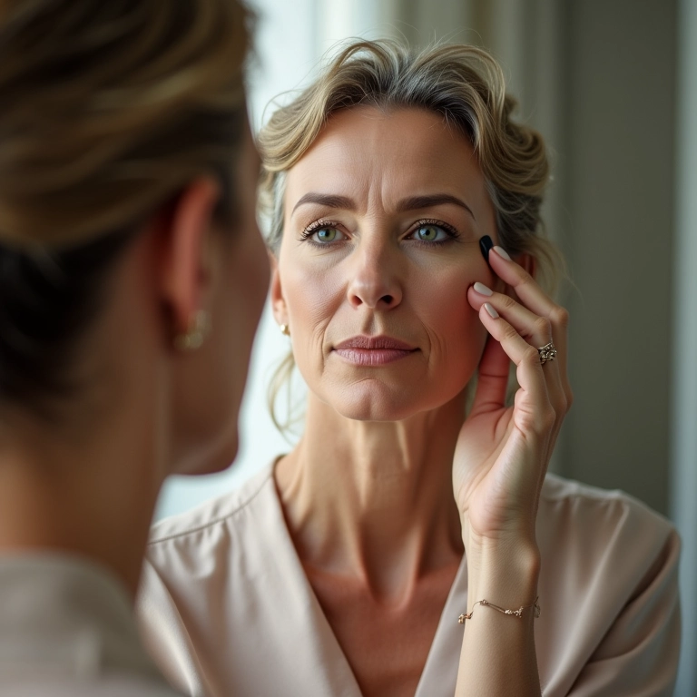 Mulher sofisticada aplicando maquiagem leve em frente ao espelho.