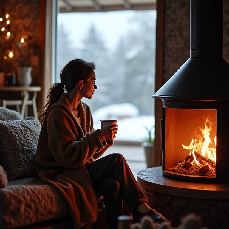 Mulher sofisticada apreciando chocolate quente em chalé aconchegante com vista para montanhas nevadas no Brasil.